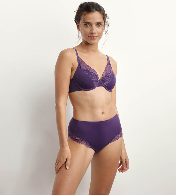 High-waisted microfibre and lace knickers in Violet DIM Fleur, , DIM