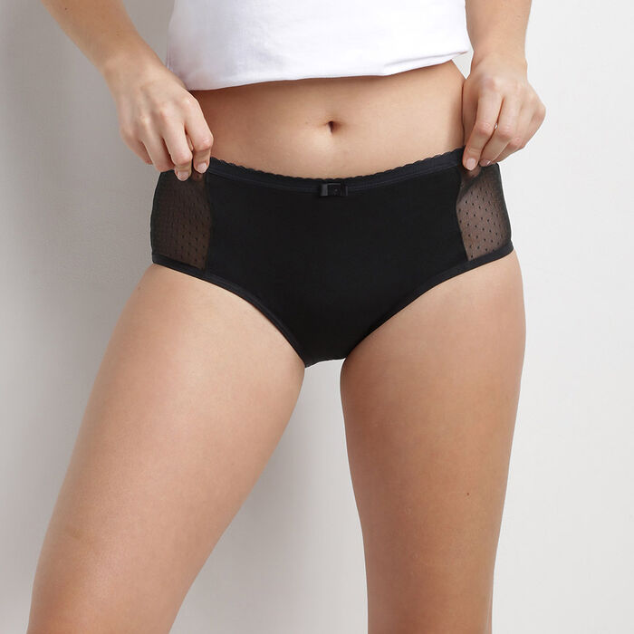 Dim Protect medium flow Menstrual shorty in organic black cotton and lace, , DIM