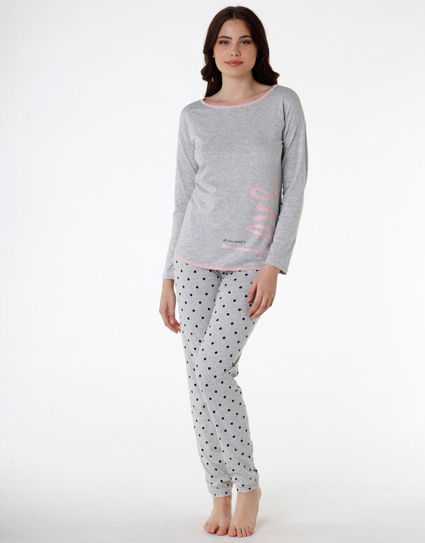 Pijama largo de mujer de punto de algodón, gris jaspeado, , DIM