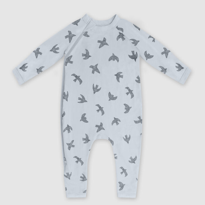 Dim Baby Zip up baby pyjamas in blue organic cotton with birds pattern, , DIM