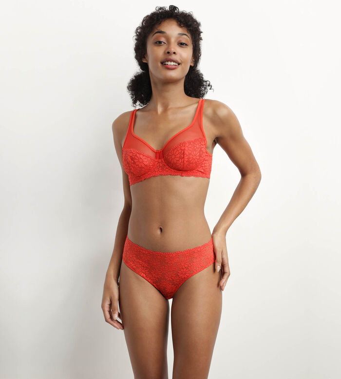 Briefs in tulle and floral lace in Red Generous Limited Edition, , DIM