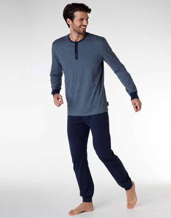 Long Pyjama set in 100% cotton jersey, navy blue print, , DIM