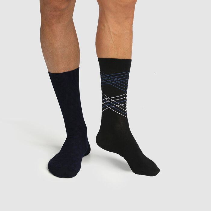 Pack de 2 pares de calcetines de algodón hombre estampado de líneas negro Coton Style, , DIM