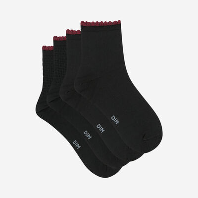 Pack of 2 pairs of women's ankle socks Black and Burgundy Mercerized Cotton, , DIM
