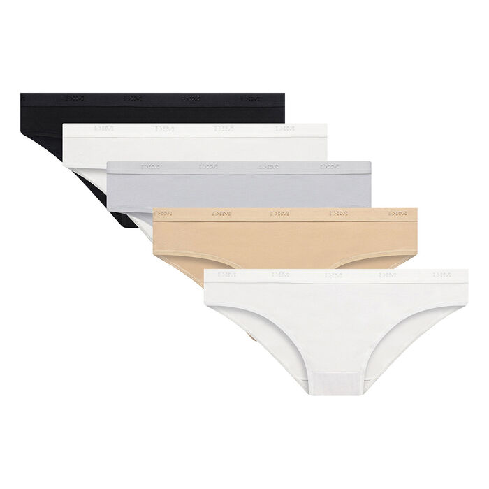 Pack of 5 pairs of Les Pockets Coton bikini knickers in black, white, nude and grey, , DIM