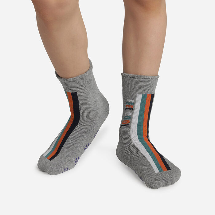 Children's Grey Cotton Style non-slip socks with coloured stripes, , DIM