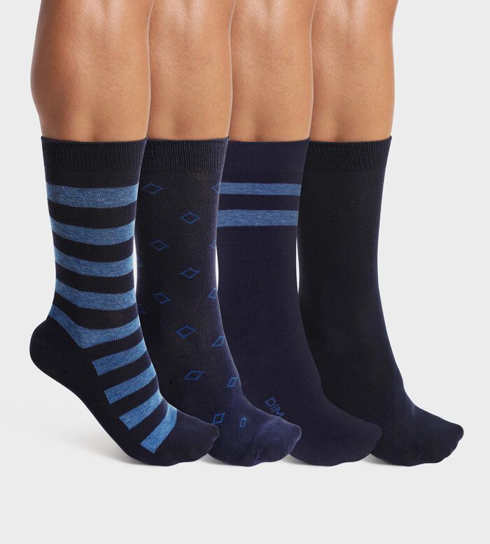 Pack of 4 pairs of men's striped cotton socks in Navy EcoDim Style, , DIM