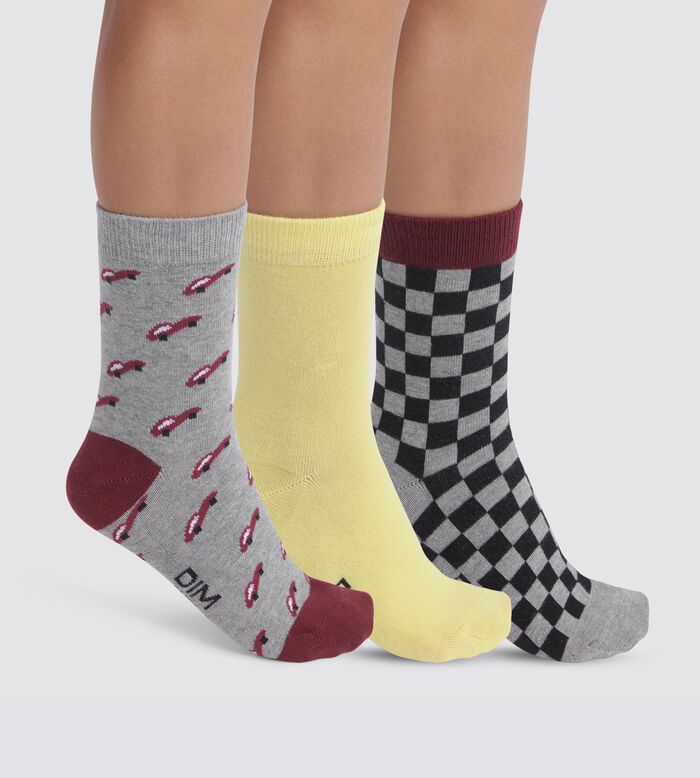 Pack of 3 pairs of checkered children's socks in Gray Yellow Cotton Style, , DIM