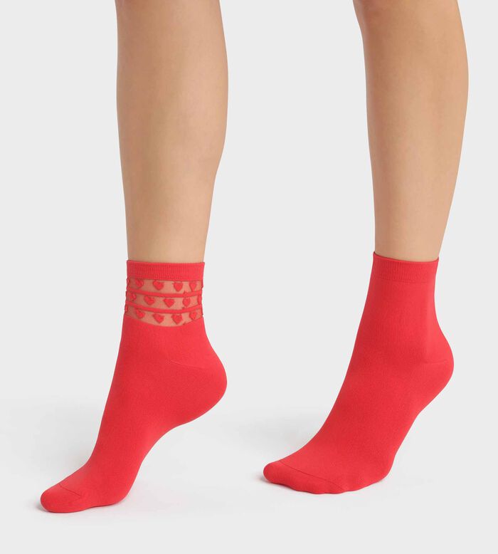 2er-Pack rote Damensocken aus Mikrofaser mit Herzchen - DIM Skin, , DIM