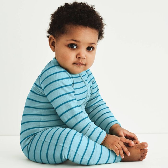 Zipped Pyjama in Cotton Stretch with blue and green stripes Dim Baby, , DIM