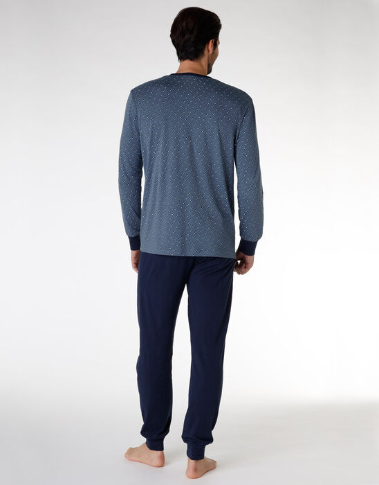 Long Pyjama set in 100% cotton jersey, navy blue print, , DIM