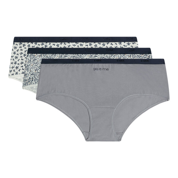Les Pockets Pack of 3 grey women's stretch cotton boxers featuring poetic patterns, , DIM