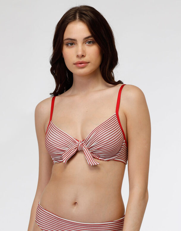 Top de bikini con aros Jaquard refinado  con lazo y rayas rojas, , DIM