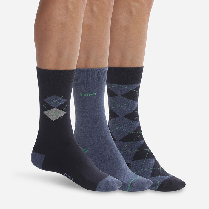 Pack de 3 pares de calcetines azules a cuadros para hombre Dim Coton Style, , DIM