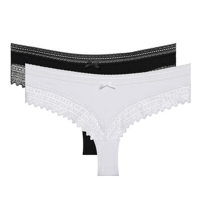 Pack of 2 pairs of Sexy Fashion cotton lace hipsters in black and white, , DIM