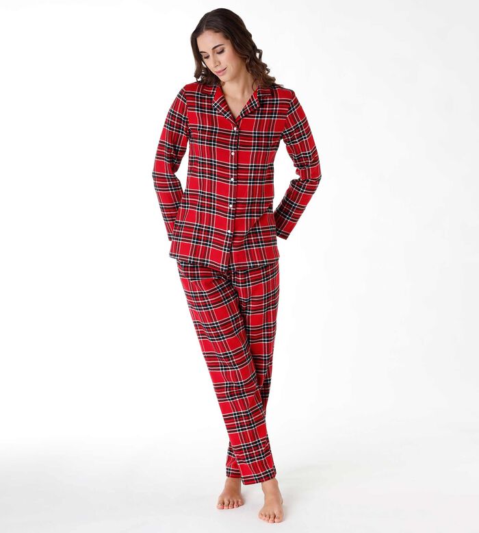Pijama largo de mujer de algodón interlock, gris melange y burdeos, , DIM
