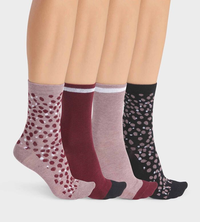Pack of 4 pairs of women's socks in Garnet Black with spots Ecodim Style, , DIM