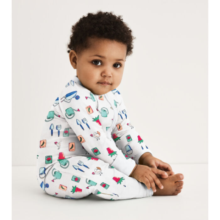Dim Baby White stretch cotton baby pyjama with zip and garden print, , DIM