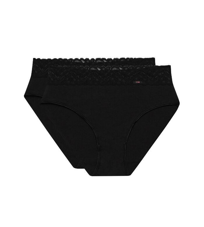 Pack of 2 pairs of Coton Plus Féminine high rise bikini knickers in black, , DIM