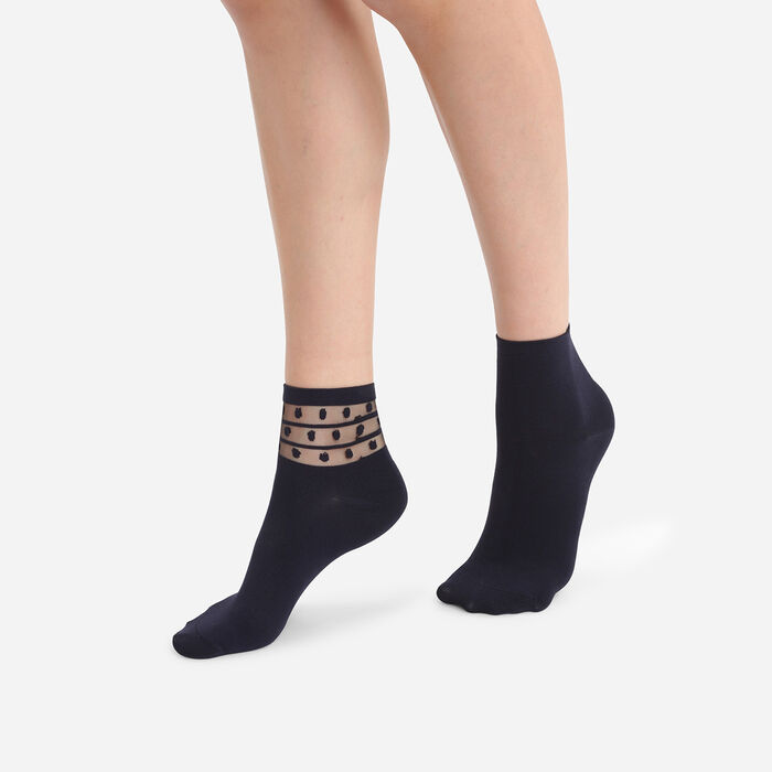Pack of 2 pairs of women's socks in microfiber tulle dots Navy Dim skin, , DIM