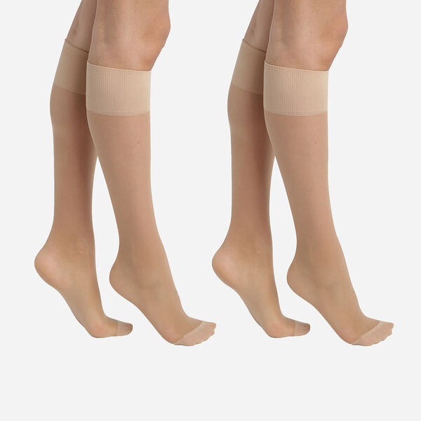 Pack of 2 Beige Ultra Resist knee-high socks made of reinforced Lycra