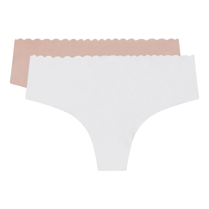 Pack of 2 pairs of Body Touch cotton hipsters in barely beige and white, , DIM