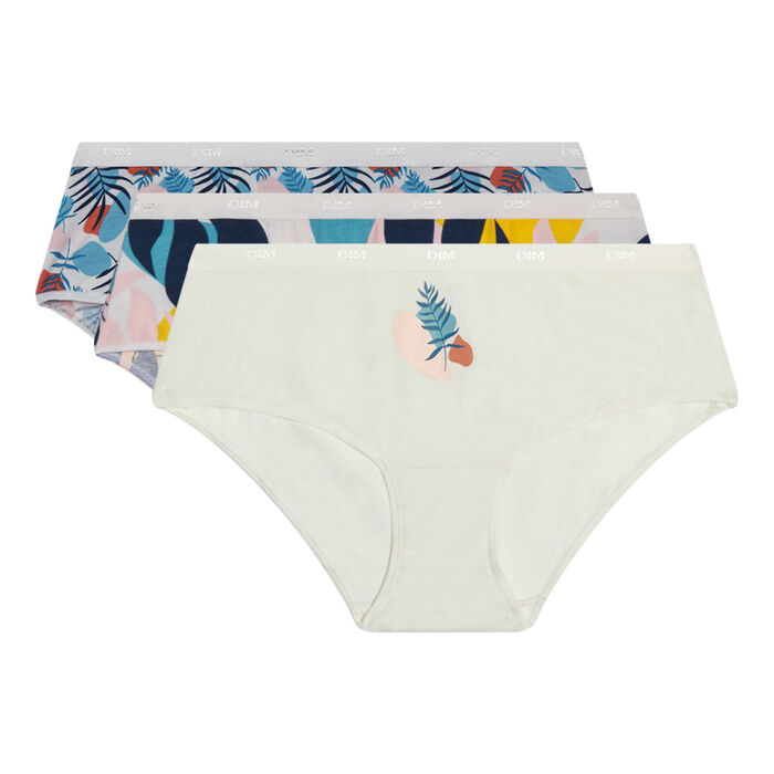 Les Pockets Pack of 3 ivory women's stretch cotton boxers featuring a tropical pattern, , DIM