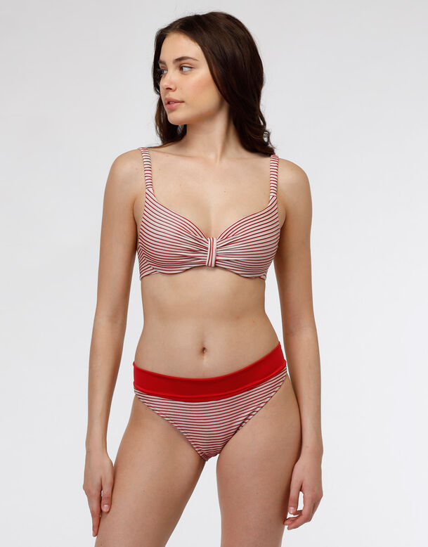 Rot-weiß gestreifte Bikinihose mit kontrastierendem Taillenumschlag, , DIM