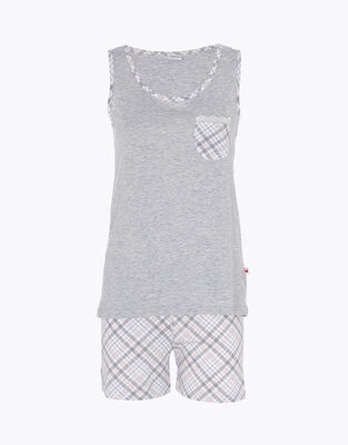 Kurzes Pyjama-Set grau-meliert mit Flanell-Details, , DIM