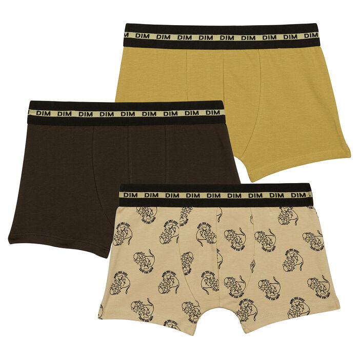 Fashion Cotton Stretch Pack of 3 Khaki Mustard boys' boxers with lion motif, , DIM