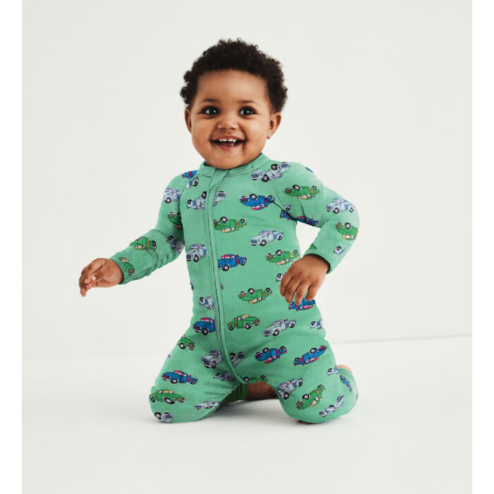 Dim Baby Zip-up baby pyjamas in green cotton stretch cotton with truck print, , DIM
