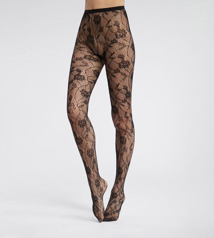 Pantis de mujer en rejilla y encaje floral Negro Dim Style, , DIM