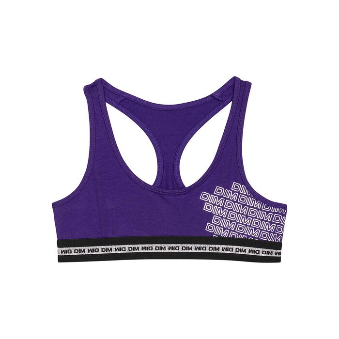 Girls' Purple Dim Sport stretch cotton bra with a silver print, , DIM