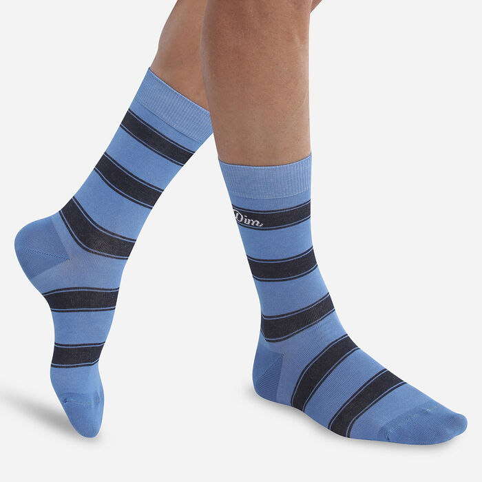 Men's striped sky blue cotton socks Monsieur Dim, , DIM