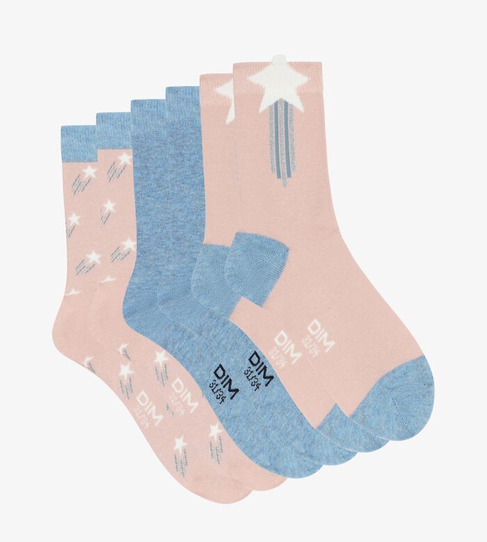 Pack of 3 pairs of children's socks with stars in Denim Pink Cotton Style, , DIM