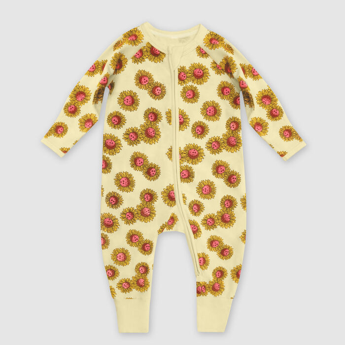 Dim Baby Zip up baby pyjamas in yellow stretch cotton with sunflowers print, , DIM