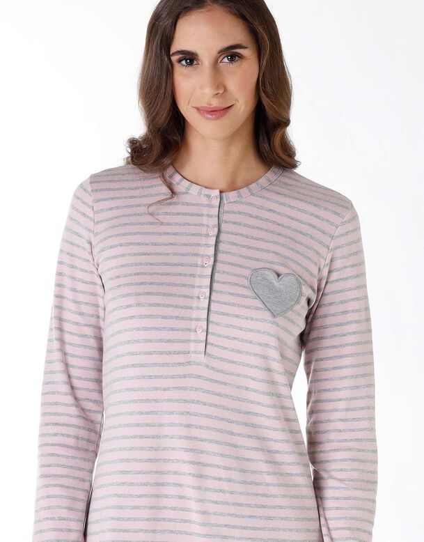 Striped pink and grey nightgown in cotton interlock, , DIM