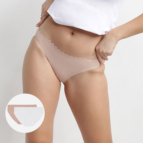 Pack of 2 pairs of Body Touch cotton bikini knickers in white and barely  beige
