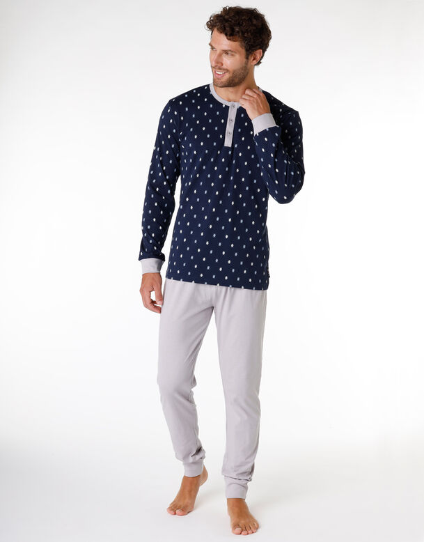 Men's long pyjamas in 100% cotton, printed navy blue , , DIM