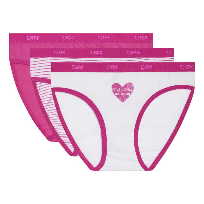 3er-Pack pink/weiße Mädchenslips mit Streifen und Herz-Print - Pockets, , DIM