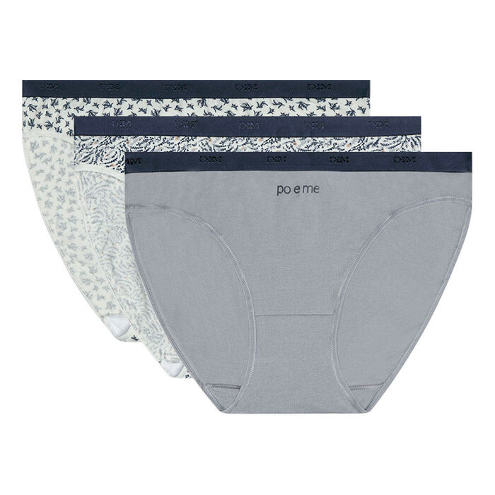 Les Pockets Pack of 3 women's stretch cotton briefs with poem motif Ivory, , DIM