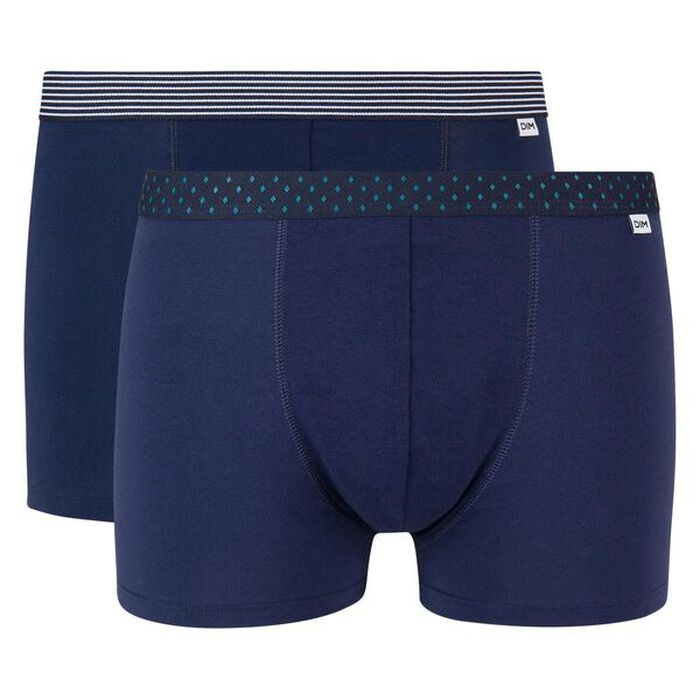 Mix and Print 2 pack stretch cotton trunks in denim blue with printed waistband, , DIM