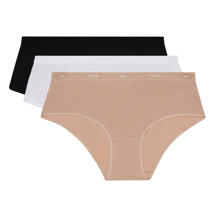 Pack of 3 pairs of Les Pockets Coton boyshorts in white/nude/black, , DIM