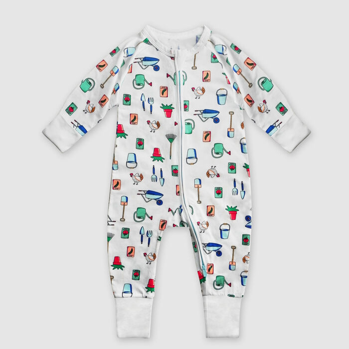 Pyjama bébé zippé en coton stretch blanc imprimé jardinier Dim Baby, , DIM