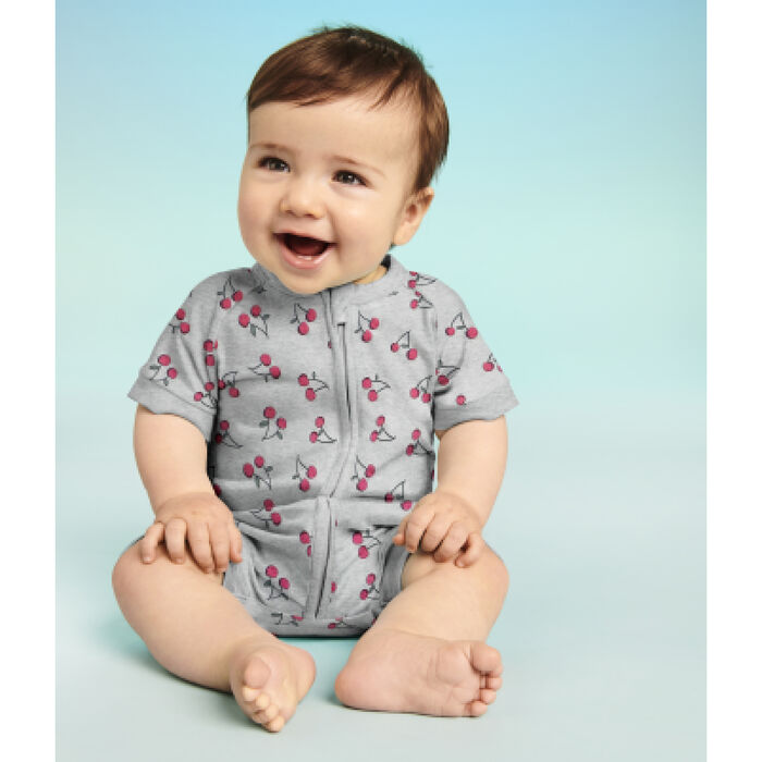 Barboteuse bébé zippée en coton stretch grise motifs cerise Dim Baby, , DIM