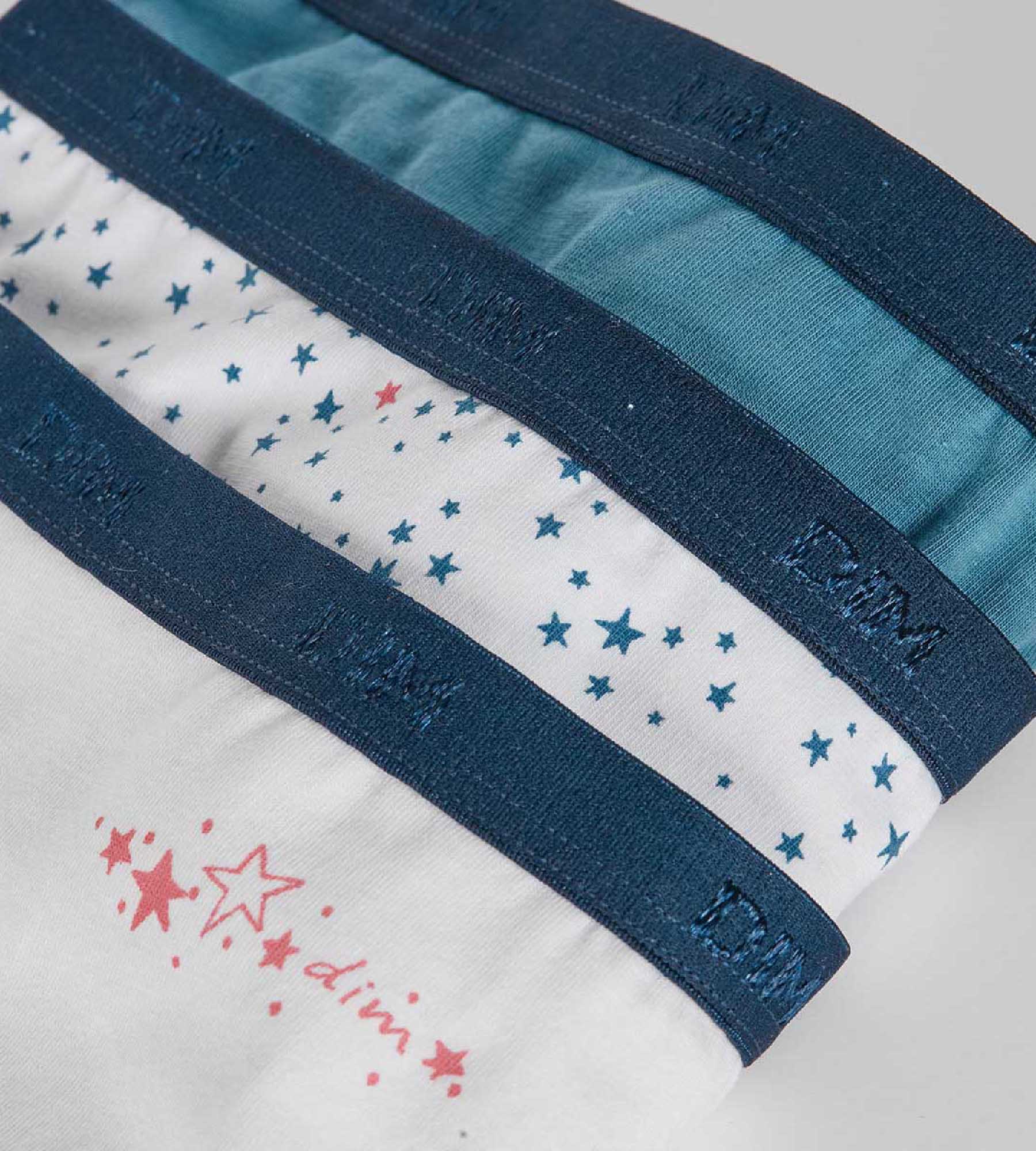 Pack of 3 girls' White Blue Les Pockets stretch cotton knickers with a star  pattern